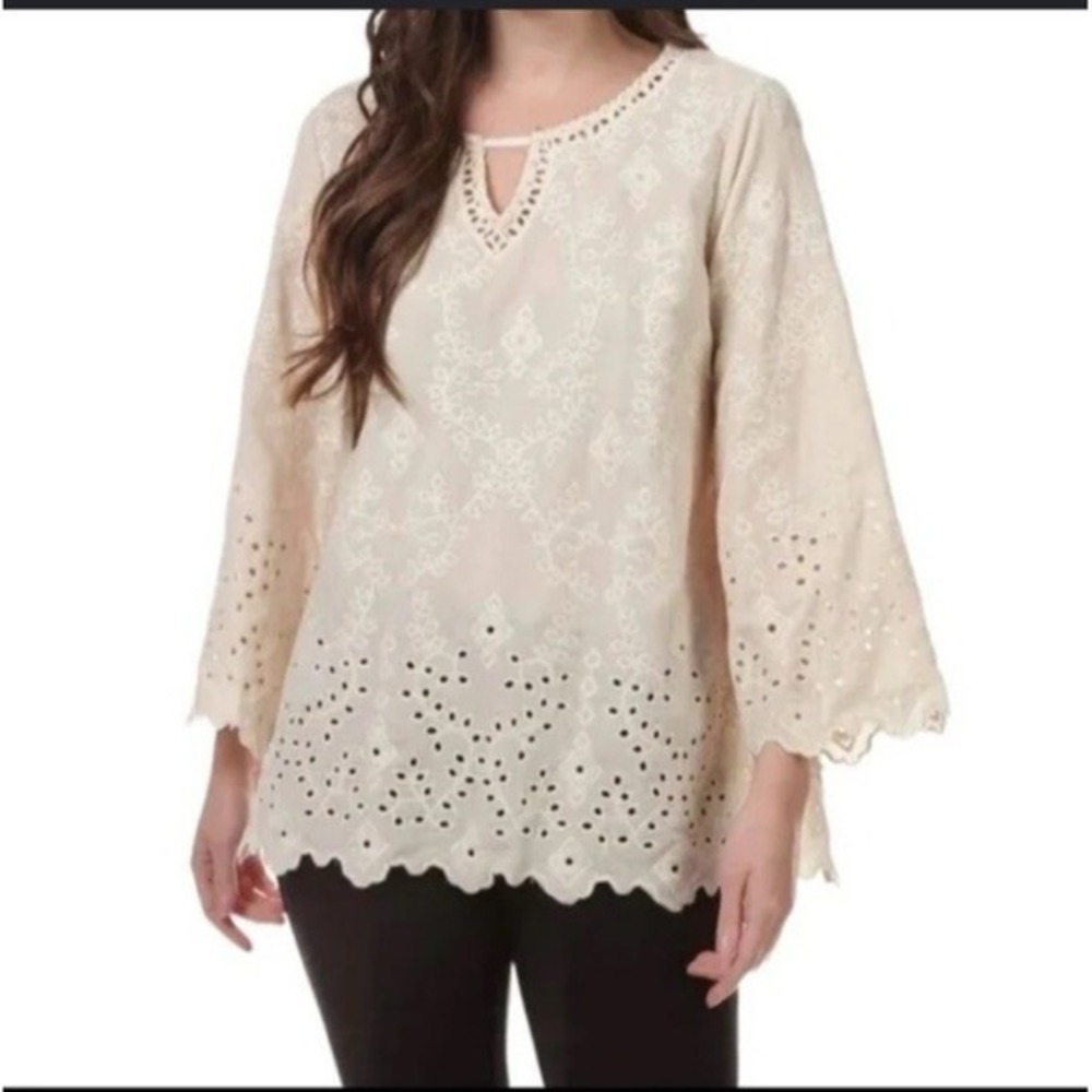 John Mark Large Ivory Eyelet Lace Bell Sleeve Velvet Embroidered Top Boho Career
